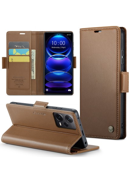 Xiaomi Redmi Için Note 12 Pro+ 5g Litchi Doku Cüzdan Standı Pu Pu Deri Rfıd Engelleme Telefon Kapağı-Kahverengi (Yurt Dışından)