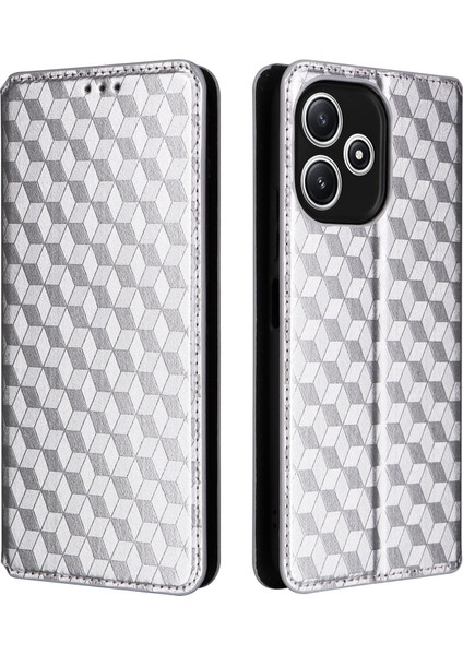 Xiaomi Redmi Için Cüzdan Kılıfı 12 5g/not 12R 5g/poco M6 Pro 5g Rhombus Baskalı Stand Telefon Guard Deri Kapak-Gümüş (Yurt Dışından)