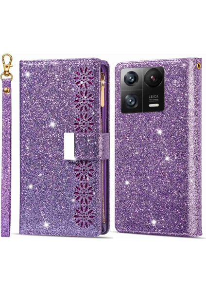 Xiaomi 13 Flip Telefon Kapağı Lazer Oyma Işıltılı Yıldız Tarzı Fermuar Cüzdan Standı Pu Deri Telefon Kasası Kayışlı-Mor (Yurt Dışından)