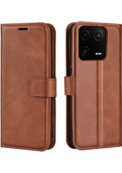 Xiaomi 13 Pro 5g Pu Deri Balf Dokusu Şok Geçirmez Telefon Kasası Standı Cüzdan Manyetik Toka Iç Tpu Kapağı-Açık Kahverengi (Yurt Dışından)