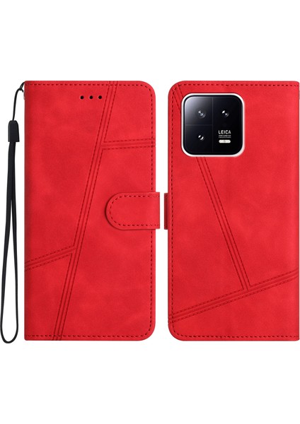 Xiaomi 13 Pro 5g Pu Deri Baskı Satırlı Hat Telefon Kablosu Cetlet Cilt Touch Koruyucu Stand Kapağı-Kırmızı (Yurt Dışından)