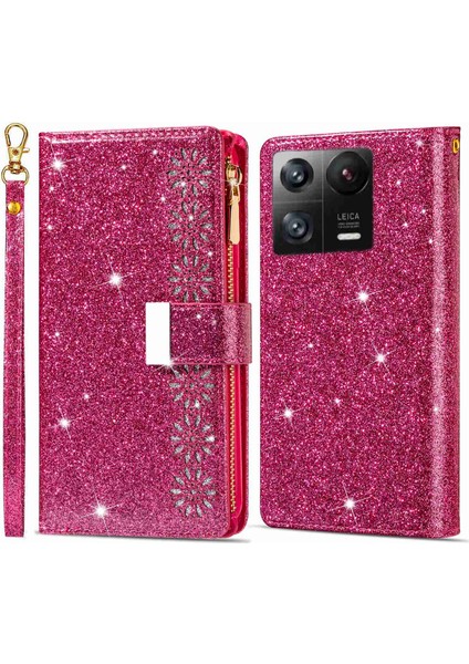 Xiaomi 13 Flip Telefon Kapağı Lazer Oyma Işıltılı Yıldız Tarzı Fermuar Cüzdan Standı Pu Deri Telefon Kasası-Gül-Gül (Yurt Dışından)