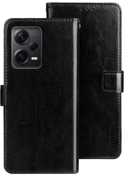 Xiaomi Redmi Için Note 12 Pro+ 5g Telefon Kılıf Çılgın At Dokusu Anti-Çizgi Pu Deri Deri Deri Stand Cüzdan Çizilmeye Dayanıklı Telefon Kapağı-Siyah (Yurt Dışından)