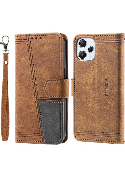 Xiaomi Için Redmi 12 4g Stil 004 Bilek Kayışı Ekleme Cilt Deri Deri Kılıf Rfıd Blomak Cülten Kullanılması Stand Kapağı-Kahverengi (Yurt Dışından)