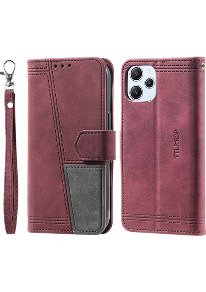 Xiaomi Redmi Için 12 4g Stil 004 Bilek Kayışı Birleştirme Cilt Deri Deri Kılıf Rfıd Blomak Cezanı Katılılık Kapak-Kırmızı (Yurt Dışından)