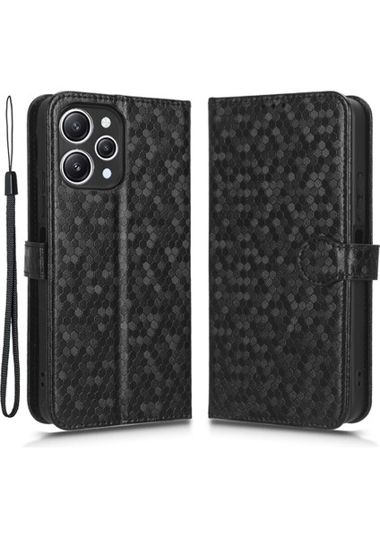 Xiaomi Redmi Için 12 4g Baskılı Dot Desen Telefon Kapağı Pu Deri Stand Cüzdan Telefon Kabuğu-Siyah (Yurt Dışından)
