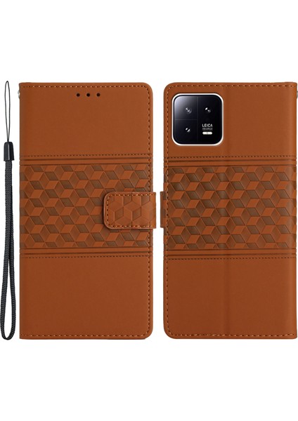 Xiaomi 13 5g Için Pu Deri Telefon Kılıfı Baskılı Rhombus Stand Cüzdan Kapağı-Kahverengi (Yurt Dışından)