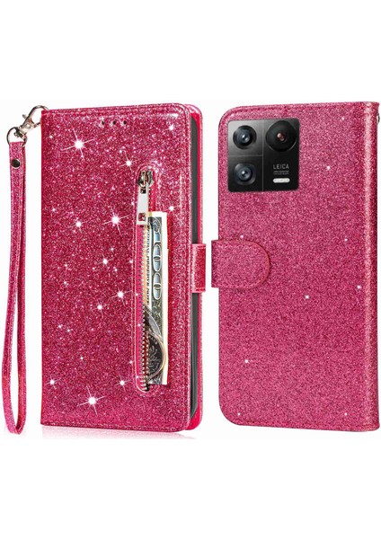 Xiaomi Için 13 Glitter Işıltılı Flip Folio Pu Deri Telefon Kasası Fermuar Cep Manyetik Cüzdan Standı Kapak-Gül-Gül (Yurt Dışından)