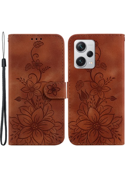Xiaomi Redmi Için Note 12 Pro+ 5g Telefon Deri Kılıf Stand Cüzdan Baskılı Zambak Çiçek Telefon Kapağı-Kahverengi (Yurt Dışından)