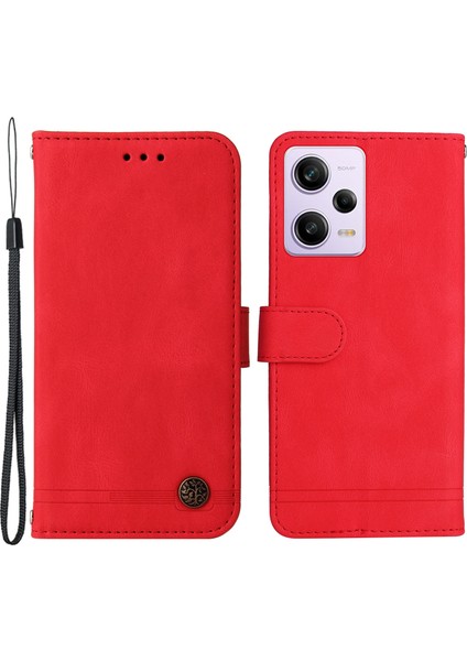 Xiaomi Için Redmi Note 12 Pro+ 5g Cilt Touch Pu Deri Baskılı Çizgiler Telefon Kapak Stand Ağacı Desen Metal Düğmesi Magnicy Koruyucu Kılıf-Kırmızı (Yurt Dışından)