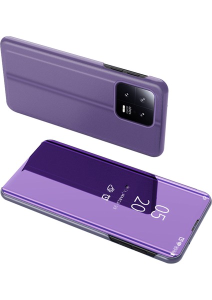 Xiaomi 13 5g Için Pencere Pu Deri Kılıfı Görüntüle Stand Ayna Elektrapan Telefon Kapağı-Mor/mavi (Yurt Dışından)