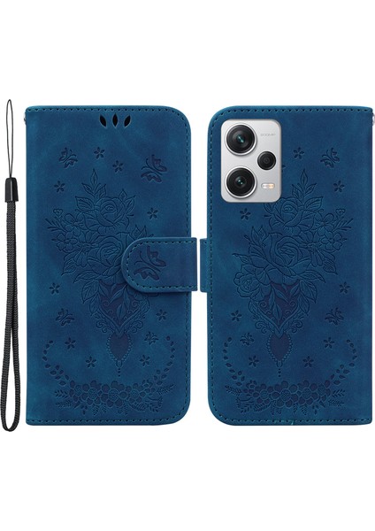 Xiaomi Redmi Için Deri Kılıf Not 12 Pro+ 5g Gül Kelebek Basılı Stand Telefon Cüzdan Kapağı-Mavi (Yurt Dışından)