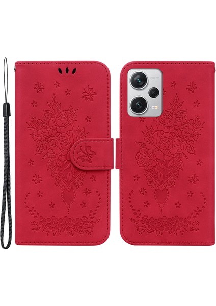 Xiaomi Redmi Için Deri Kılıf Not 12 Pro+ 5g Gül Kelebek Basılı Stand Telefon Cüzdan Kapağı-Kırmızı (Yurt Dışından)