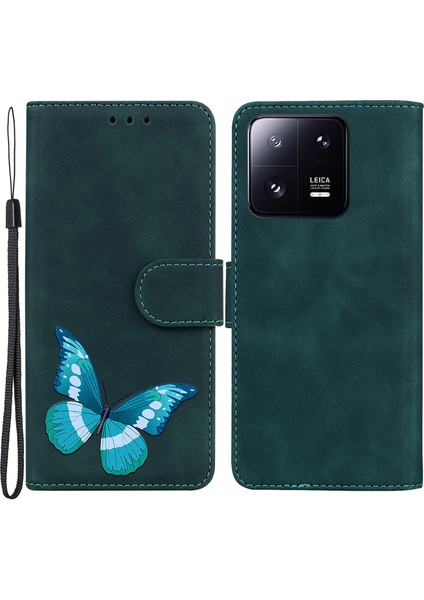 Xiaomi 13 Pro 5g Deri Telefon Kapağı Kelebek Baskı Cüzdan Standı Anti-Drop Telefon Kılıfı-Yeşil (Yurt Dışından)