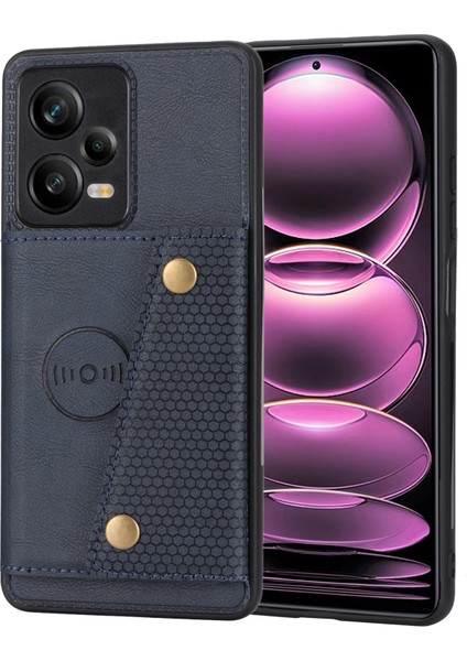 Xiaomi Redmi Için Note 12 Pro+ 5g Kickstand Çift Düğme Kart Tutucu Telefon Kapağı Deri Kaplamalı Tpu Kılıf Dahili Metal Sac-Mavi (Yurt Dışından)