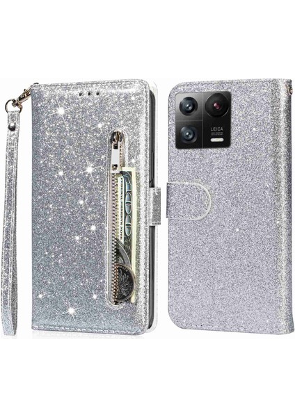 Xiaomi Için 13 Glitter Işıltılı Flip Folio Pu Pu Deri Telefon Kılıfı Fermuar Cep Manyetik Cüzdan Stand Kapağı-Gümüş (Yurt Dışından)