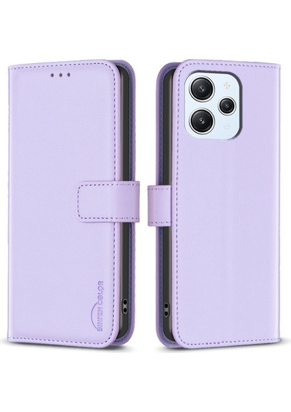 Xiaomi Redmi Için 12 4g Çizgiye Döküm Anti Telefon Kapak Standı Tpu+Pu Deri Kılıf Cüzdanı-Mor (Yurt Dışından)