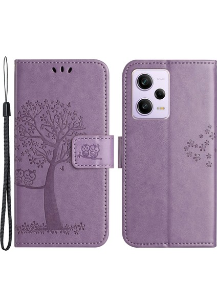 Xiaomi Redmi Için Pu Deri Telefon Kılıfı Note 12 Pro+ 5g Baskılı Baykuş Ağacı Deseni Koruyucu Telefon Stand Cüzdan Kapağı-Mor (Yurt Dışından)