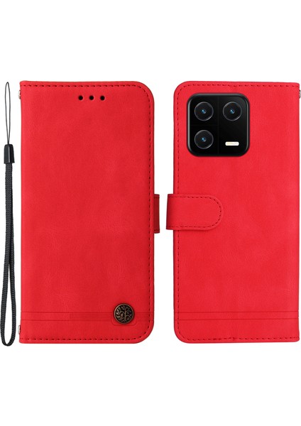 Xiaomi 13 Pro 5g Için Cilt Duygu Hissetme Cep Telefonu Kılıfı Ağaç Desen Metal Düğmesi Baskılı Çizgiler Cüzdan Deri Telefon Kapağı-Kırmızı (Yurt Dışından)