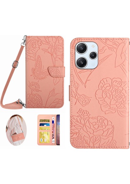 Xiaomi Redmi Için 12 4g Pu Deri Cüzdan Kılıfı Omuz Kayışı ile Baskılı Flip Stand Kapağı-Pembe (Yurt Dışından)