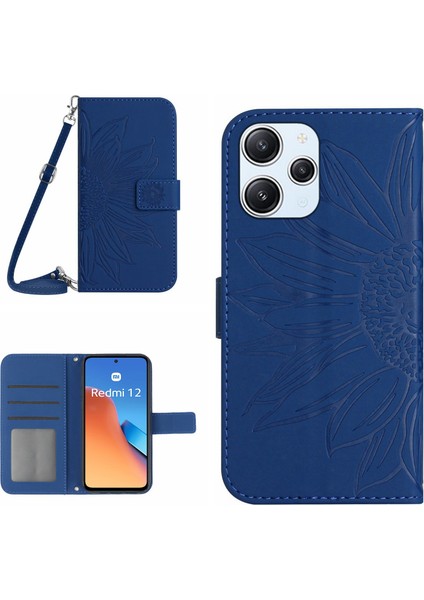 Xiaomi Redmi Için 12 4g Deri Cüzdan Stand Kılıfı Ayçiçeği Omuz Kayışı ile Baskılı Telefon Kapağı-Safir (Yurt Dışından)
