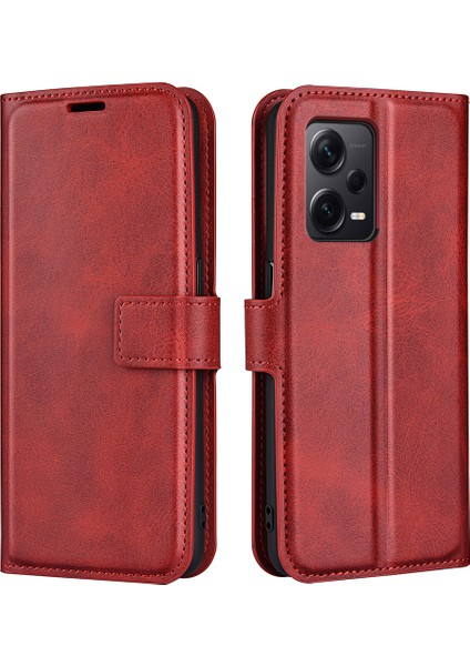Xiaomi Redmi Için Note 12 Pro+ 5g Telefon Kılıf Buzağı Doku Stand Cüzdan Kapağı-Kırmızı (Yurt Dışından)