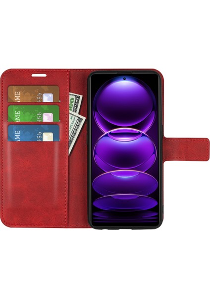 Xiaomi Redmi Için Note 12 Pro+ 5g Telefon Kılıf Buzağı Doku Stand Cüzdan Kapağı-Kırmızı (Yurt Dışından)