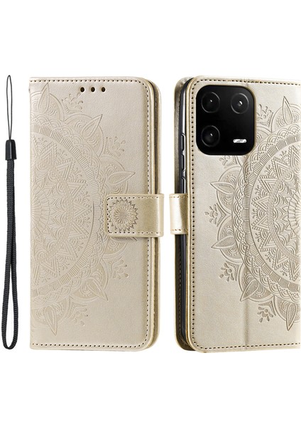 Xiaomi Için 13 Baskılı Mandala Çiçek Pu Deri Kılıf Stand Stand Cüzdan Tam Koruma Telefon Kapağı Kayışlı-Altın (Yurt Dışından)