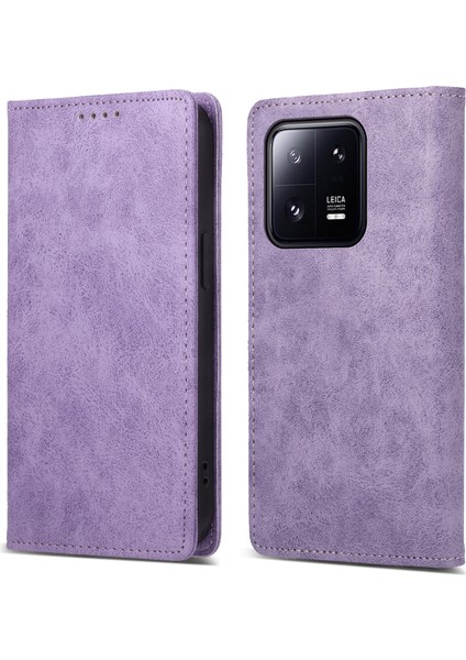Xiaomi 13 Pro 5g Için Df-05 Rfıd Engelleme Cüzdan Cep Telefonu Kılıfı Ön Çizim Pu Deri+Mat Tpu Stand Kapağı-Mor (Yurt Dışından)