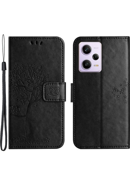 Xiaomi Redmi Için Pu Deri Telefon Kılıfı Not 12 Pro+ 5g Baskılı Baykuş Ağacı Deseni Koruyucu Telefon Stand Cüzdan Kapağı-Siyah (Yurt Dışından)