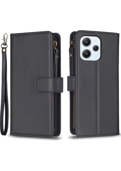 Xiaomi Redmi Için Cüzdan Stand Kılıfı 12 4g Zipper Cep Pu Deri Anti Drop Kapak-Siyah (Yurt Dışından)