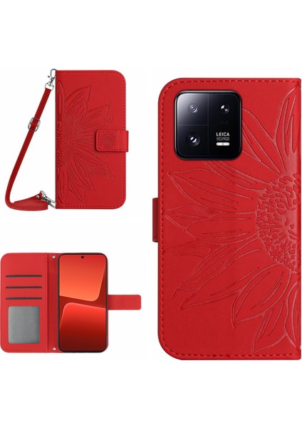 Xiaomi 13 5g Için HT04 Parmak Izi Kanıtı Telefon Kapağı Pu Deri Ayçiçeği Baskılı Stand Cüzdan Cilt Touch Hissedilmiş Telefon Kılıfı Omuz Kayışı ile Kırmızı (Yurt Dışından)