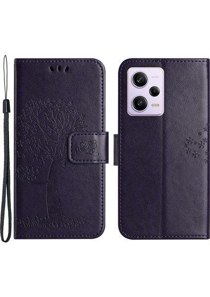 Xiaomi Redmi Için Pu Deri Telefon Kılıfı Not 12 Pro+ 5g Baskılı Baykuş Ağacı Deseni Koruyucu Telefon Stand Cüzdan Kapağı-Koyu Mor (Yurt Dışından)