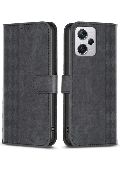 Xiaomi Redmi Için Note 12 Pro+ 5g Deri Telefon Kılıfı Izgır Izgara Cüzdan Stand Önleme Kabuğu-Siyah (Yurt Dışından)