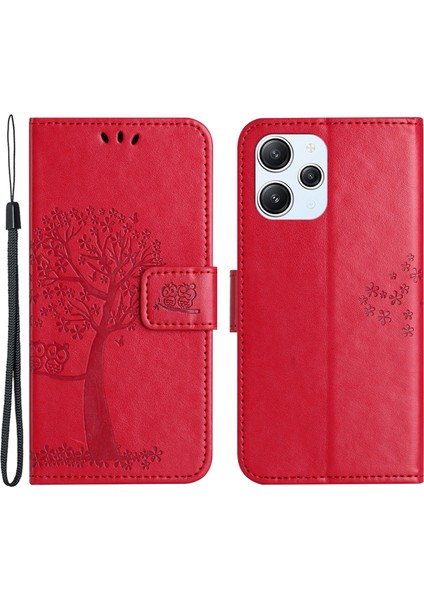 Xiaomi Redmi Için 12 4g Baykuş Ağacı Baskılı Cüzdan Pu Deri Stand Telefon Kapağı-Kırmızı (Yurt Dışından)