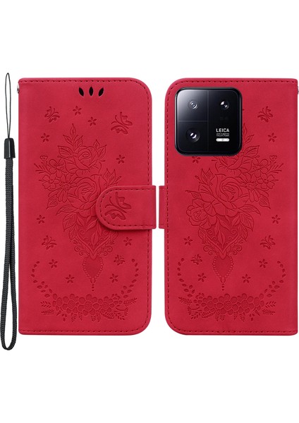 Xiaomi 13 Pro 5g Deri Telefon Kılıfı Stand Cüzdan Gül Kelebek Basılı Cep Telefonu Kapağı-Kırmızı (Yurt Dışından)