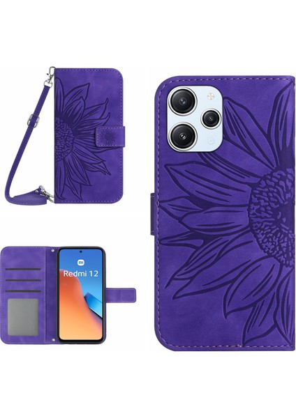 Xiaomi Redmi Için 12 4g Deri Cüzdan Stand Kılıfı Ayçiçeği Omuz Kayışı ile Baskılı Telefon Kapağı-Koyu Mor (Yurt Dışından)