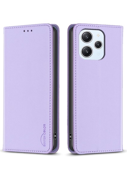 Xiaomi Redmi Için 12 4g Otomatik Absorbed Manyetik Deri Flip Kapak Telefon Kılıfı Kart Tutucu-Mor (Yurt Dışından)