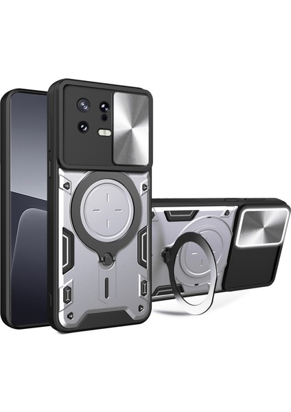 Xiaomi Için 13 Damla Dirençli Kapak Slayt Kameralı Kapak Halkası Kickstand Pc+Tpu Telefon Kılıfı-Gümüş (Yurt Dışından)