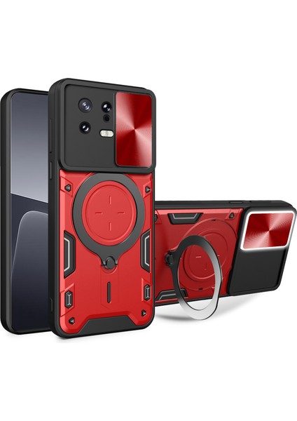 Xiaomi Için 13 Damla Dirençli Kapak Slayt Kameralı Kapak Halkası Kickstand Pc+Tpu Telefon Kılıfı-Kırmızı (Yurt Dışından)