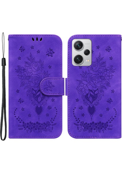 Xiaomi Redmi Için Deri Kılıf Not 12 Pro+ 5g Gül Kelebek Basılı Stand Telefon Cüzdan Kapağı-Mor (Yurt Dışından)