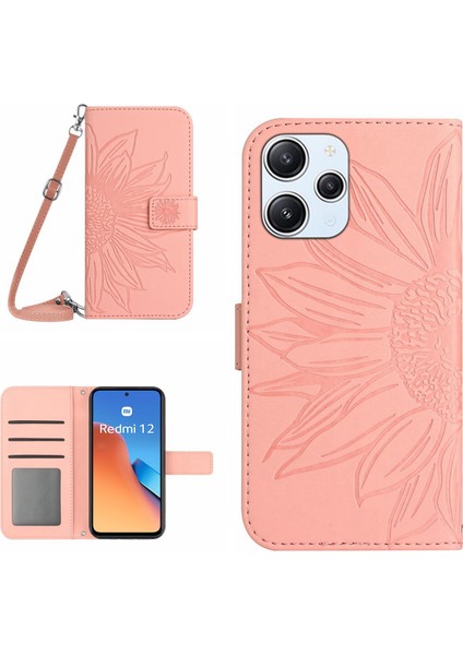 Xiaomi Redmi Için 12 4g Deri Cüzdan Stand Kılıfı Ayçiçeği Omuz Kayışı ile Baskalı Telefon Kapağı-Açık Pembe (Yurt Dışından)
