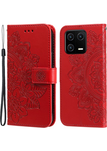 Xiaomi 13 Pro 5g Için Telefon Cüzdan Kapağı Çiçek Baskı Pu Deri Stand Kayışı ile Damla Geçirmez Telefon Kılıfı-Kırmızı (Yurt Dışından)