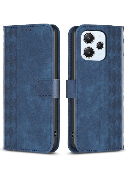 Xiaomi Redmi Için 12 4g Baskılı Rhombus Cep Telefon Kılıf Stand Standı Pu Deri Cep Telefonu Kapağı-Mavi (Yurt Dışından)