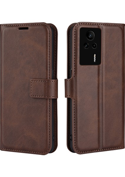 Xiaomi Redmi Için K60E 5g Cep Telefonu Kılıf Çantası Buzağı Doku Standı Cüzdan Cep Telefonu Kapağı-Kahverengi (Yurt Dışından)