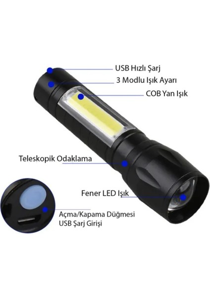 3 Modlu Güçlü USB Type-C Şarjlı Mini Su Geçirmez Metal Taşınabilir Kutulu Kamp Işık LED El Feneri