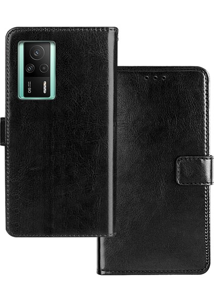 Xiaomi Redmi K60E 5g Için Çılgın At Doku Telefon Kılıfı Manyetik Kapatma Cüzdan Stand Pu Deri Telefon Kabuğu-Siyah (Yurt Dışından)