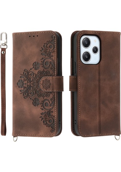 Xiaomi Redmi 12 4g Için Telefon Kılıfı Basılı Çiçek Stand Cüzdan Deri Kapak Bilek Kayışı+Omuz Kayışı-Kahverengi (Yurt Dışından)