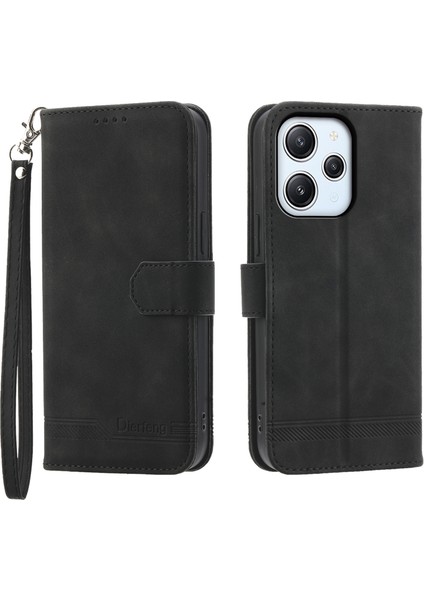 Xiaomi Redmi Için 12 4g Çizgiler Baskılı Deri Cüzdan Kılıf Katlama Stand Telefon Kapağı-Siyah (Yurt Dışından)