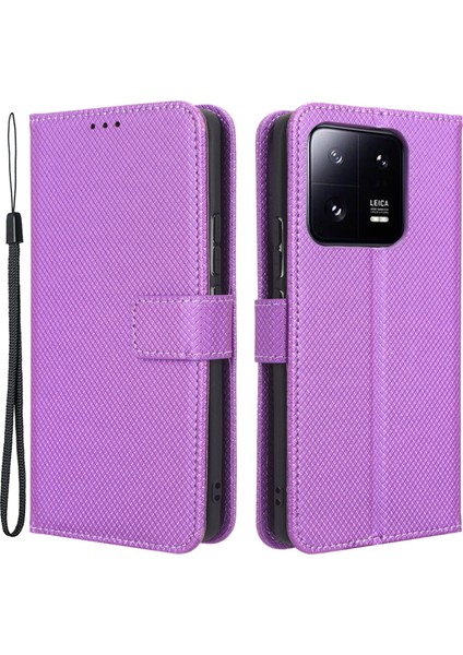 Xiaomi 13 Pro 5g Için Elmas Doku Telefon Kapağı Manyetik Toka Katlanabilir Stand Flip Deri Cüzdan Kılıfı-Mor (Yurt Dışından)